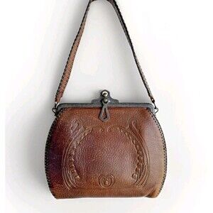 Antique Art Nouveau Floral Flower Tooled Brown Leather Purse Spanish Craft